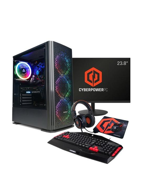 front image of cyberpower-blaze-ryzen-5-rtx-3050-gaming-pc-bundle-with-238in-fhd-monitor-headset-keyboard-mouse-and-mouse-pad