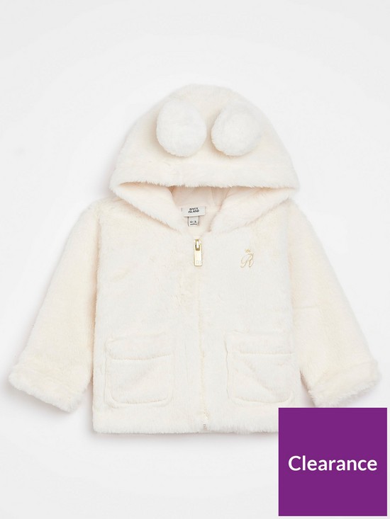 front image of river-island-baby-baby-girls-faux-fur-hooded-ear-jacket-ecru