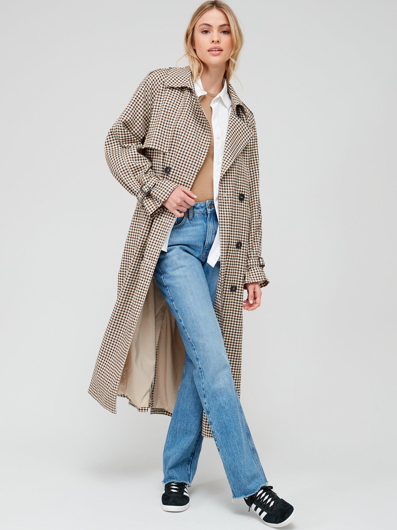 only-check-double-breasted-trenchcoat-multi