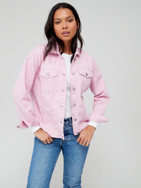 front image of only-long-sleeve-denim-jacket-pink