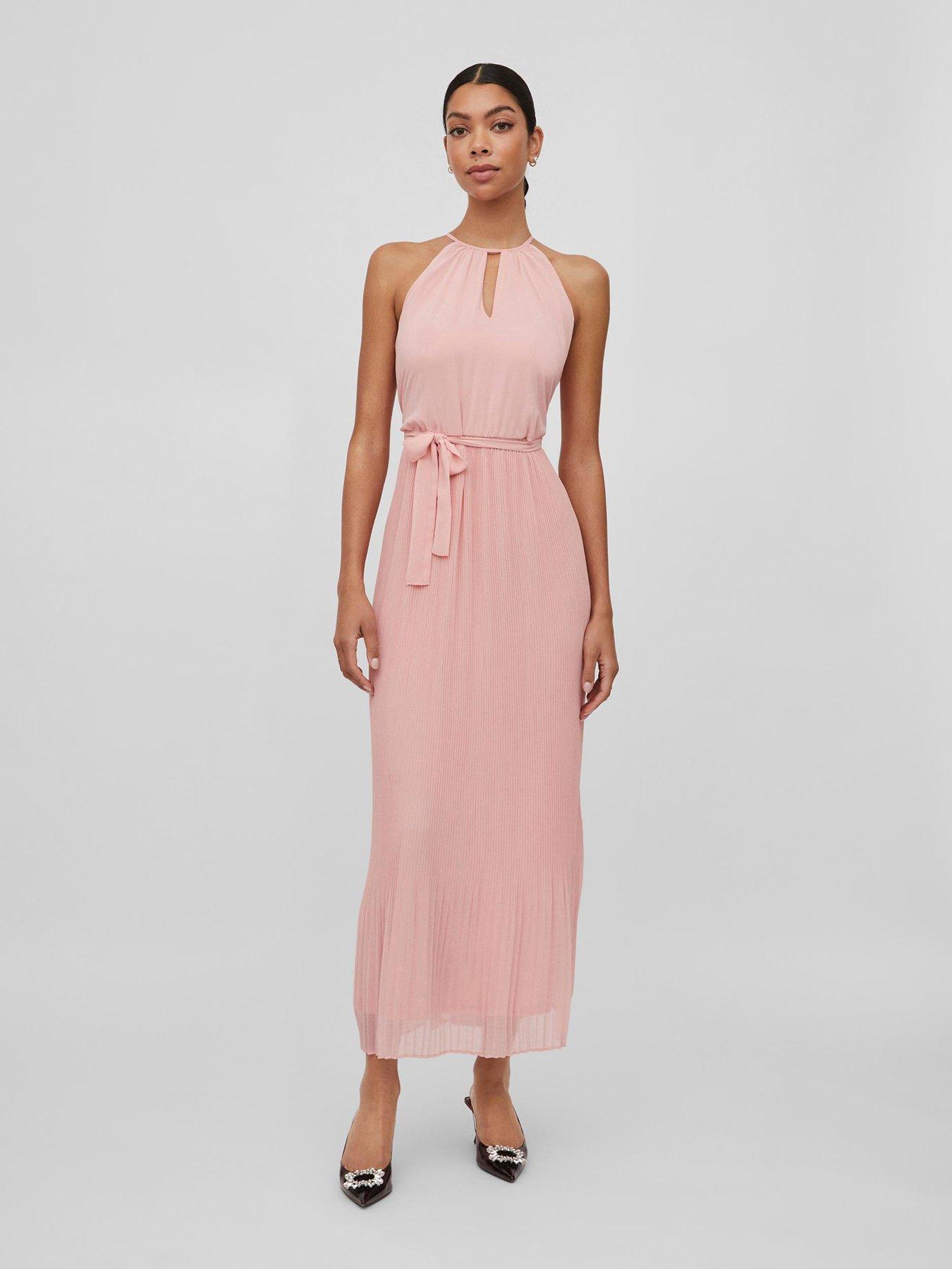  image of vila-high-neck-tie-waist-maxi-dress-pink