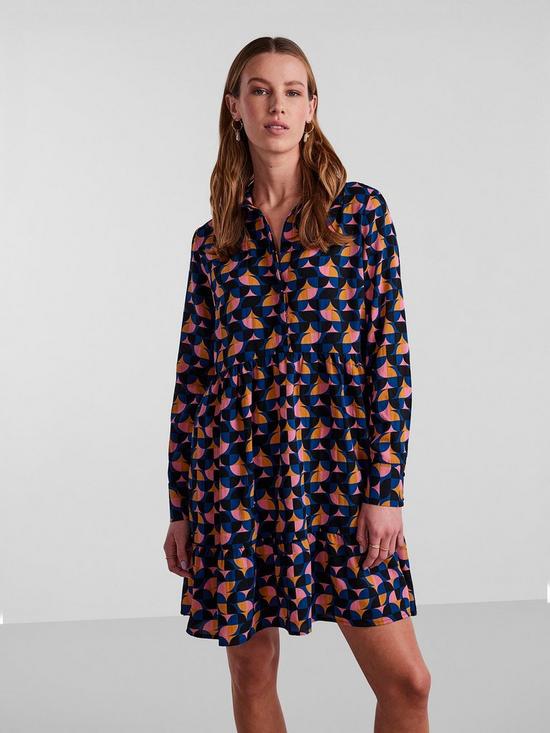 front image of pieces-geo-short-shirt-dress--navy