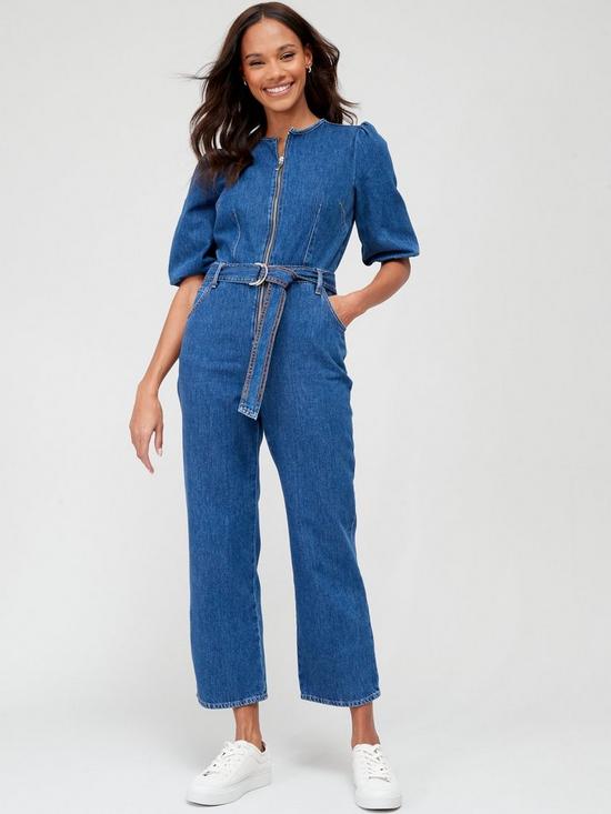 front image of v-by-very-round-neck-straight-leg-denim-jumpsuit