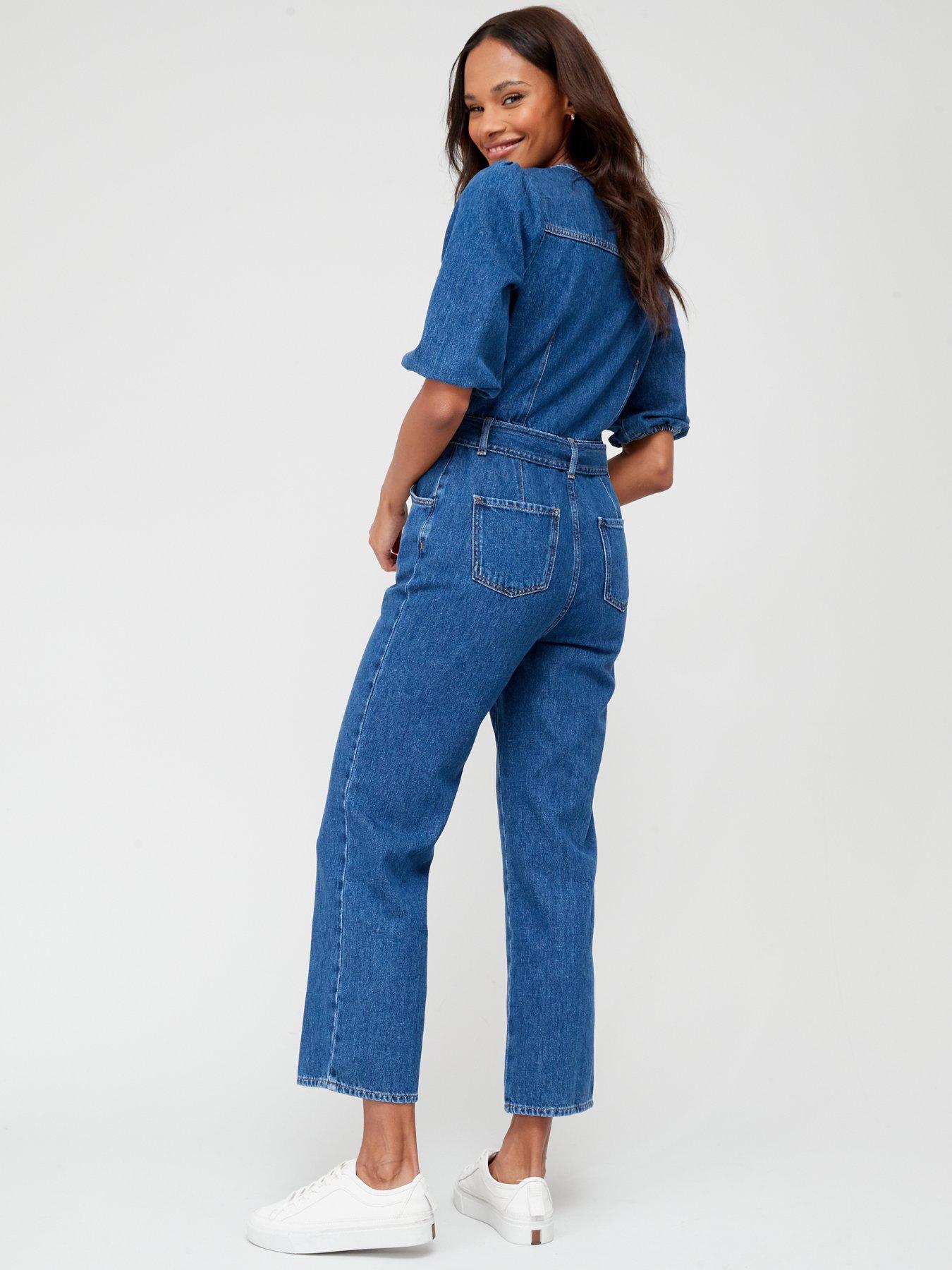 Denim Belted Short Sleeve Wide Leg Jumpsuit, SOSANDAR