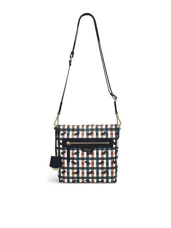 front image of radley-finsbury-parknbspchecked-dog-small-zip-top-crossbody-bag-green