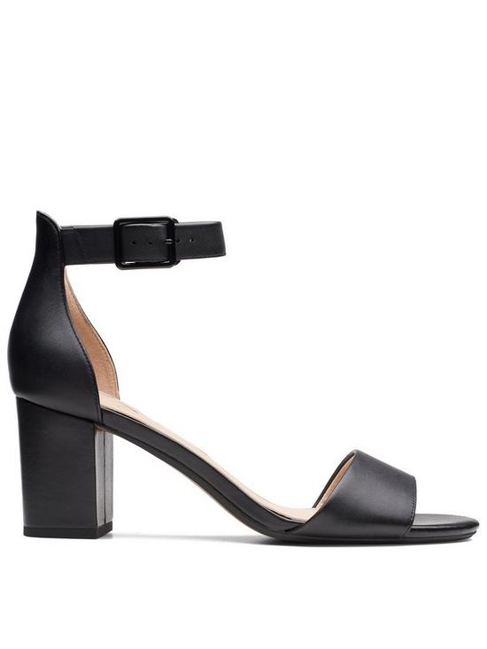 front image of clarks-deva-mae-heeled-sandals-black-leather
