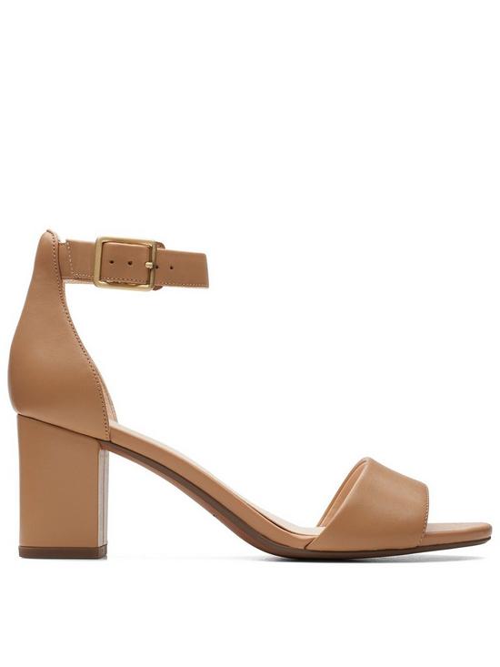 front image of clarks-deva-mae-heeled-sandals-camel-leather