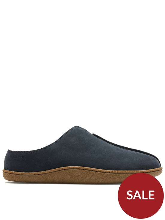 front image of clarks-home-mule-slippers-navy