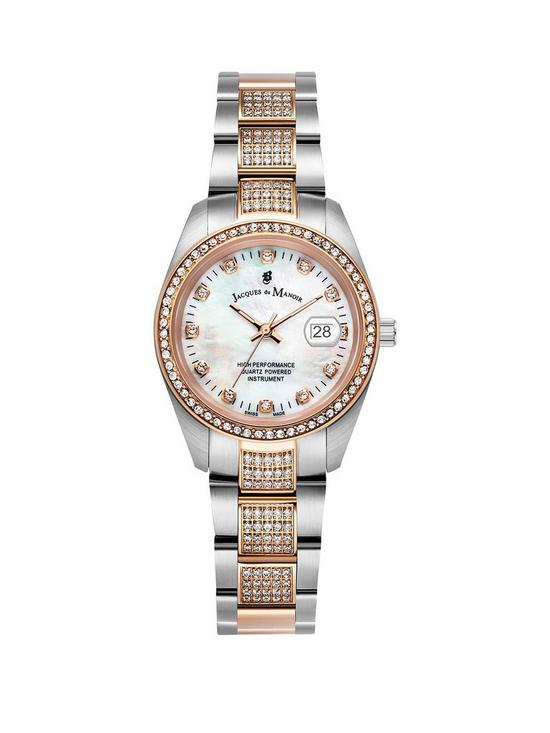 front image of jacques-du-manoir-ladies-inspiration-beauty-silver-amp-rose-gold-plated-stainless-steel-bracelet-watch