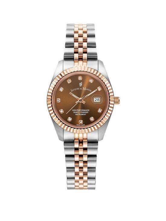 front image of jacques-du-manoir-ladies-inspiration-rose-gold-plated-stainless-steel-bracelet-watch