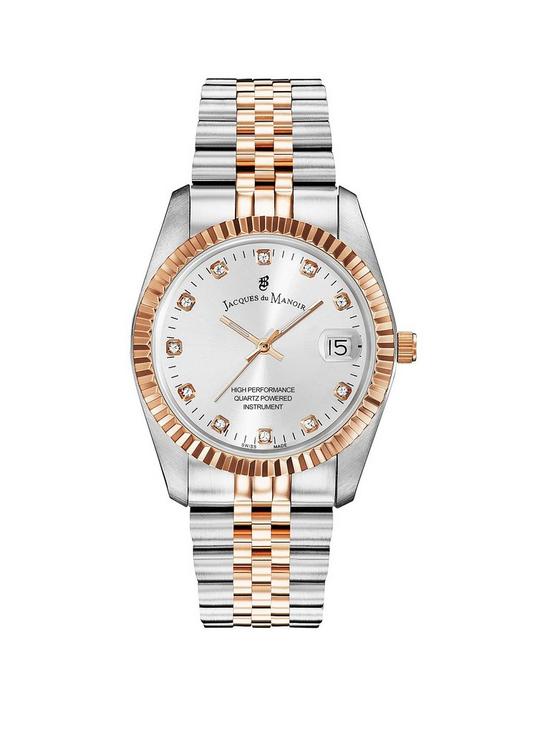 front image of jacques-du-manoir-ladies-inspiration-silver-amp-rose-gold-plated-stainless-steel-bracelet-watch
