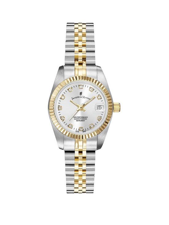 front image of jacques-du-manoir-ladies-inspiration-silver-amp-gold-plated-stainless-steel-bracelet-watch