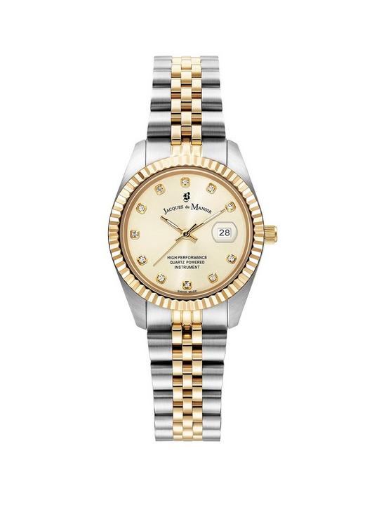 front image of jacques-du-manoir-ladies-inspiration-gold-plated-stainless-steel-bracelet-watch