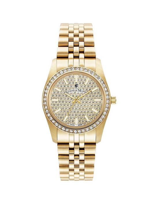 front image of jacques-du-manoir-ladies-inspiration-glamour-gold-plated-stainless-steel-bracelet-watch