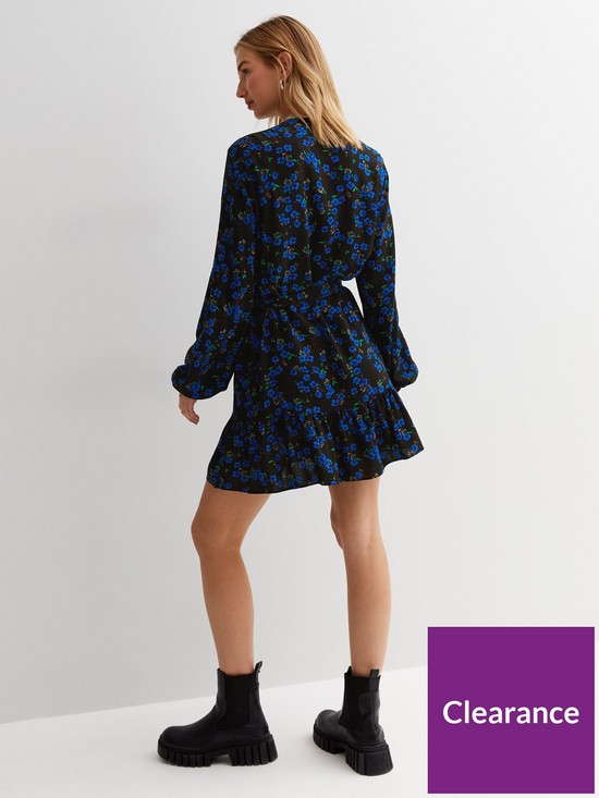 stillFront image of new-look-black-floral-v-neck-long-puff-sleeve-button-front-mini-smock-dress