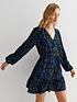  image of new-look-black-floral-v-neck-long-puff-sleeve-button-front-mini-smock-dress