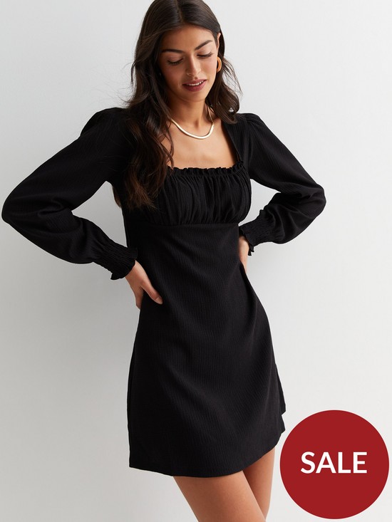 front image of new-look-black-crinkle-square-neck-long-sleeve-milkmaid-mini-dress