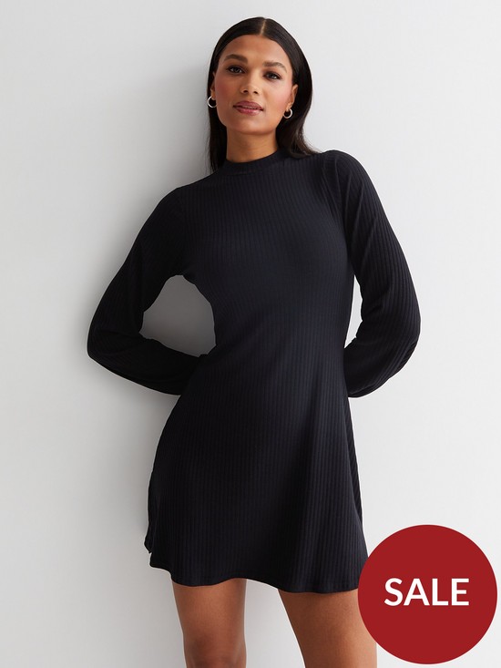 front image of new-look-black-ribbed-jersey-high-neck-long-puff-sleeve-mini-dress