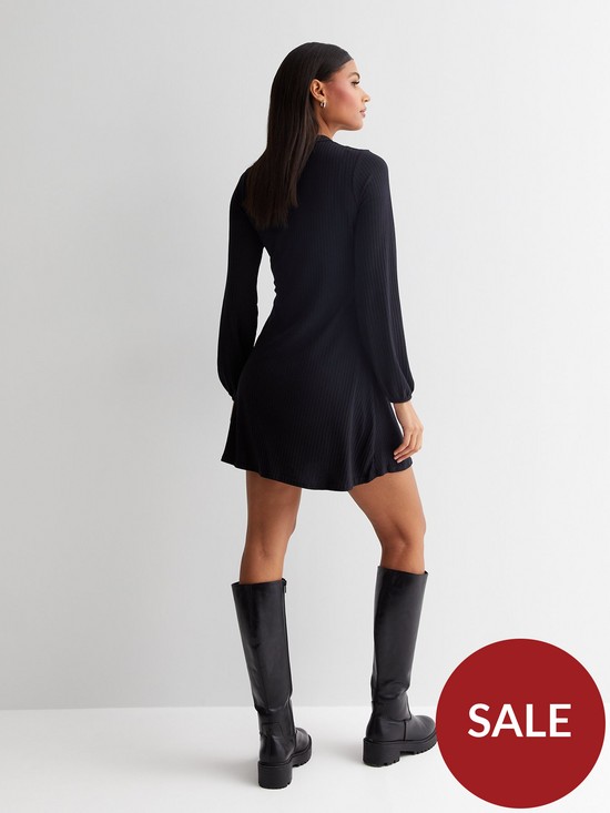 stillFront image of new-look-black-ribbed-jersey-high-neck-long-puff-sleeve-mini-dress