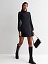 image of new-look-black-ribbed-jersey-high-neck-long-puff-sleeve-mini-dress