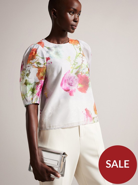front image of ted-baker-ayymee-boxy-cropped-top-with-puff-sleeve-multi