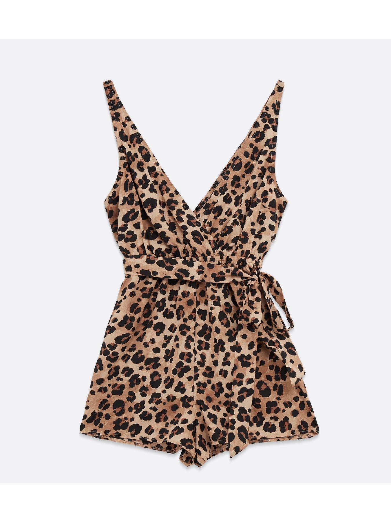  image of new-look-brown-leopard-print-crepe-wrap-beach-playsuit