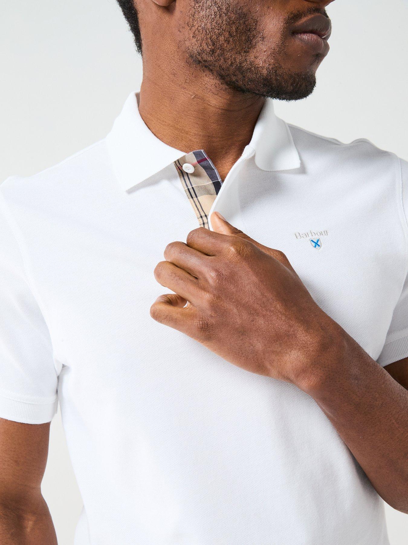 Image 4 of 6 of Barbour Mens Tartan Placket Cotton Pique Polo Shirt - White