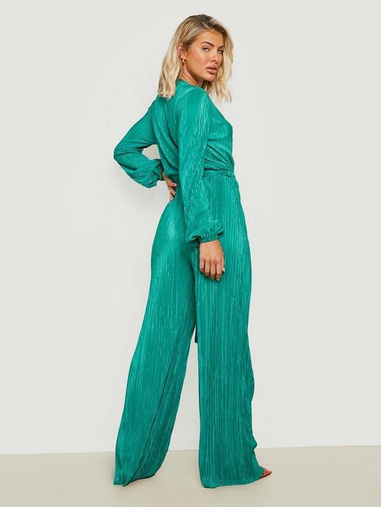 stillFront image of boohoo-plisse-plunge-wrap-jumpsuit-green
