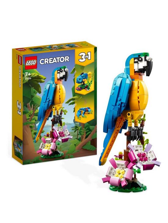 front image of lego-creator-3-in-1-exotic-parrot-toy-set-31136