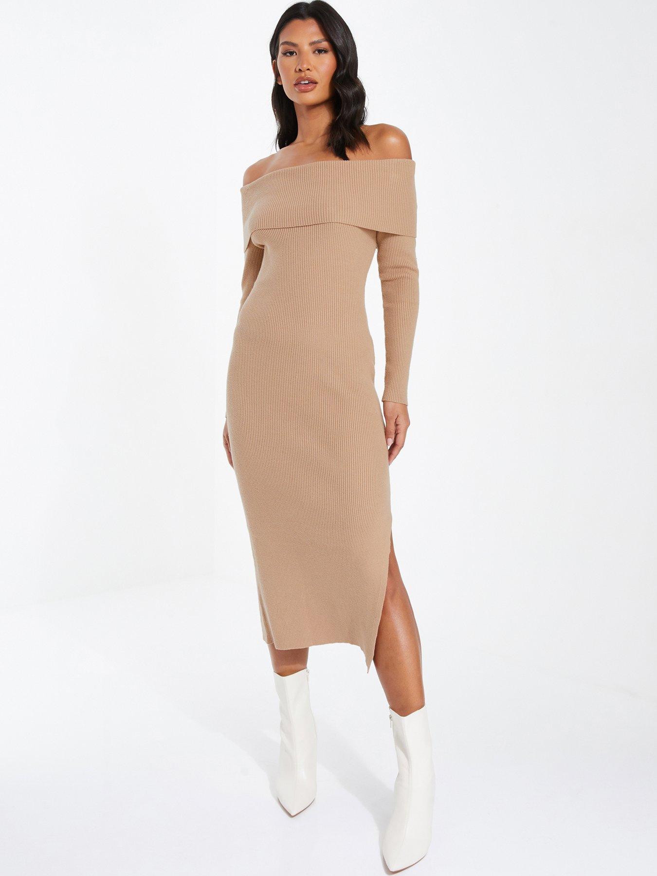 Quiz Ribbed Knit Bodycon Midi Dress - Beige | Littlewoods