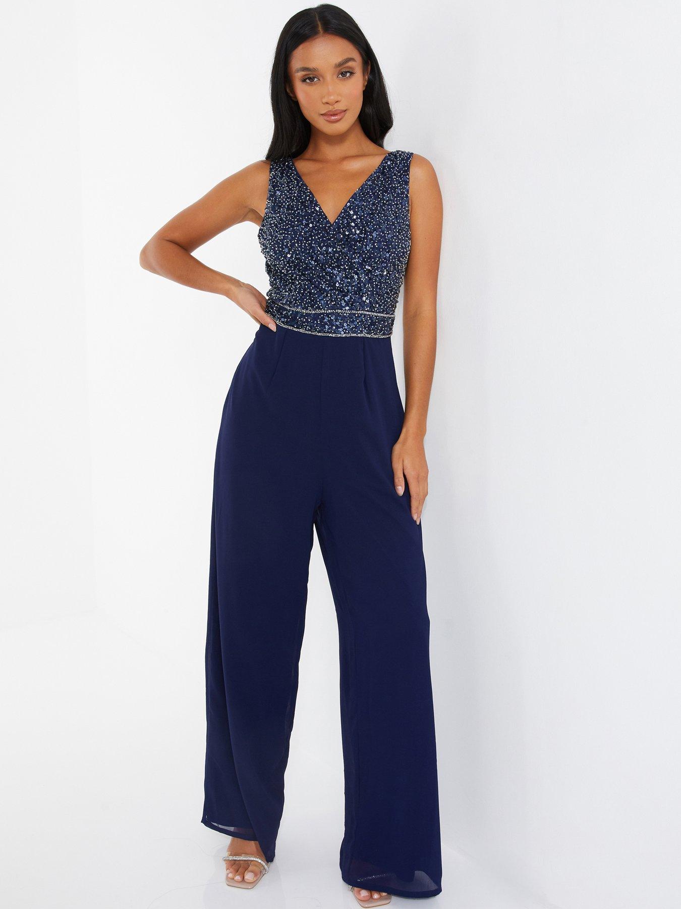 Quiz Sequin Wrap Palazzo Jumpsuit Dark Blue Littlewoods