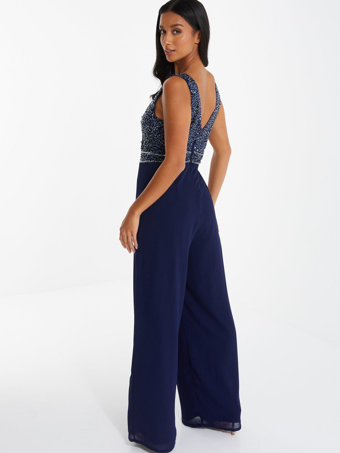 Quiz Sequin Wrap Palazzo Jumpsuit Dark Blue Littlewoods