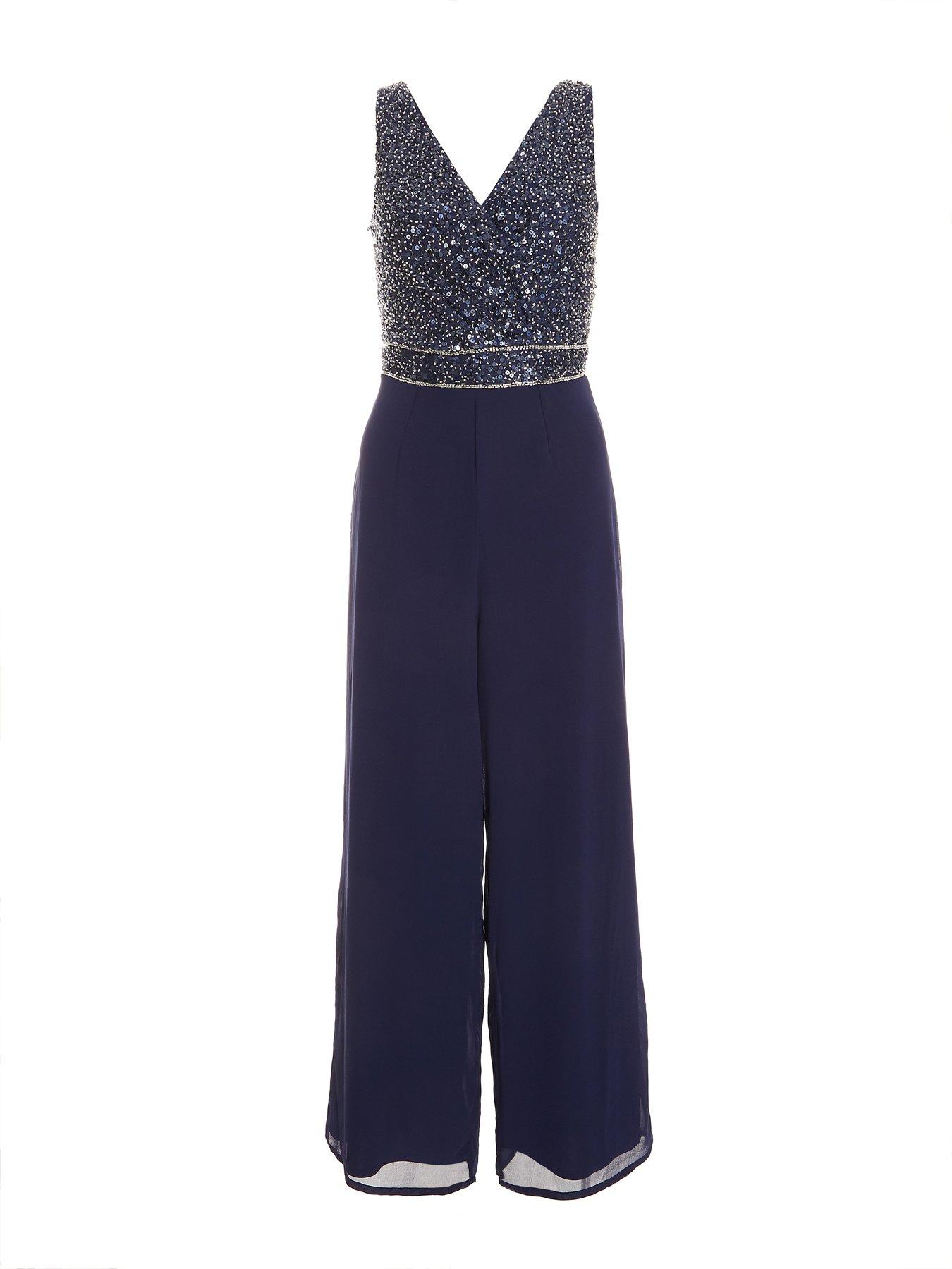 Quiz Sequin Wrap Palazzo Jumpsuit Dark Blue Littlewoods