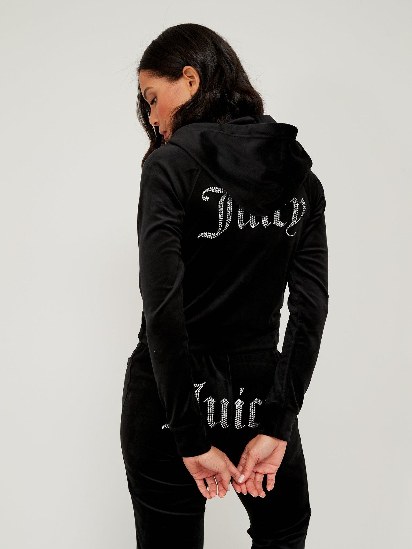 Juicy Couture Classic Velour Zip Up Hoodie With Diamante Branding - Black