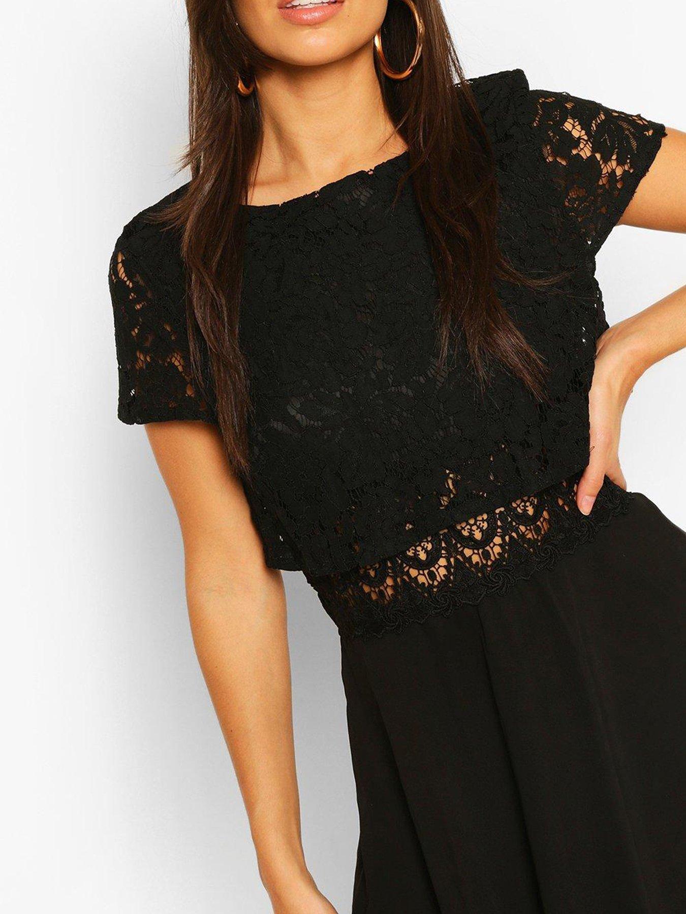  image of boohoo-chiffon-lace-top-skater-dress-black