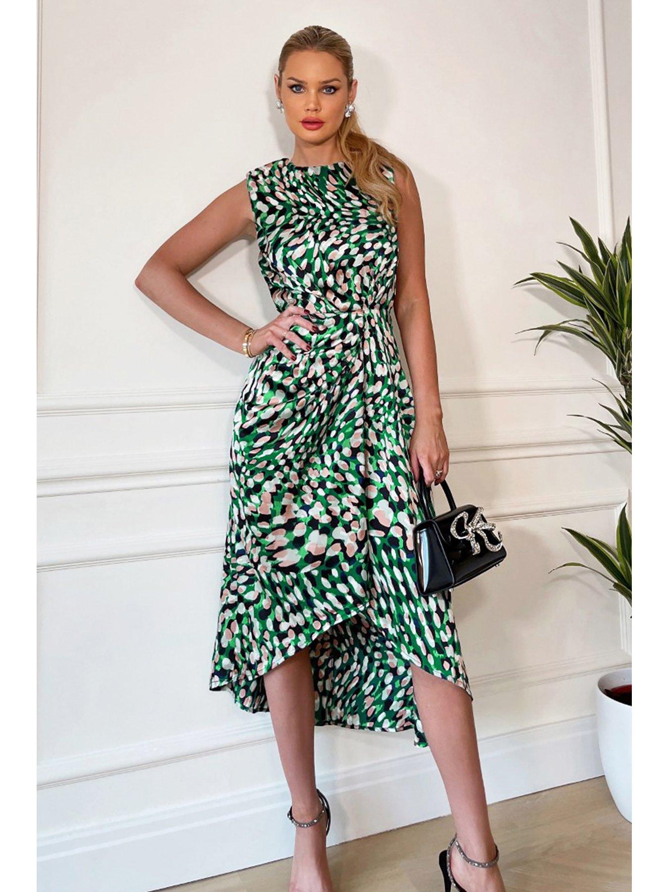  image of ax-paris-printed-wrap-ruched-midi-dress-green