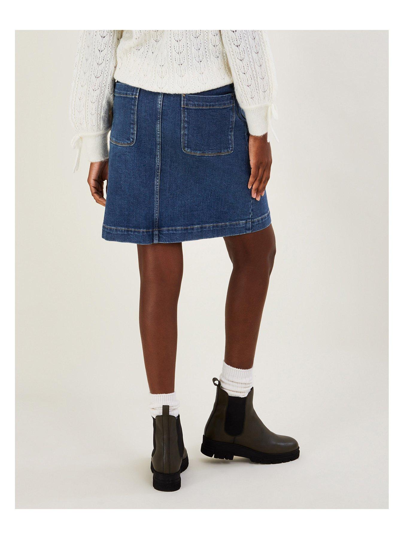  image of monsoon-denim-button-through-belted-skirt-indigo