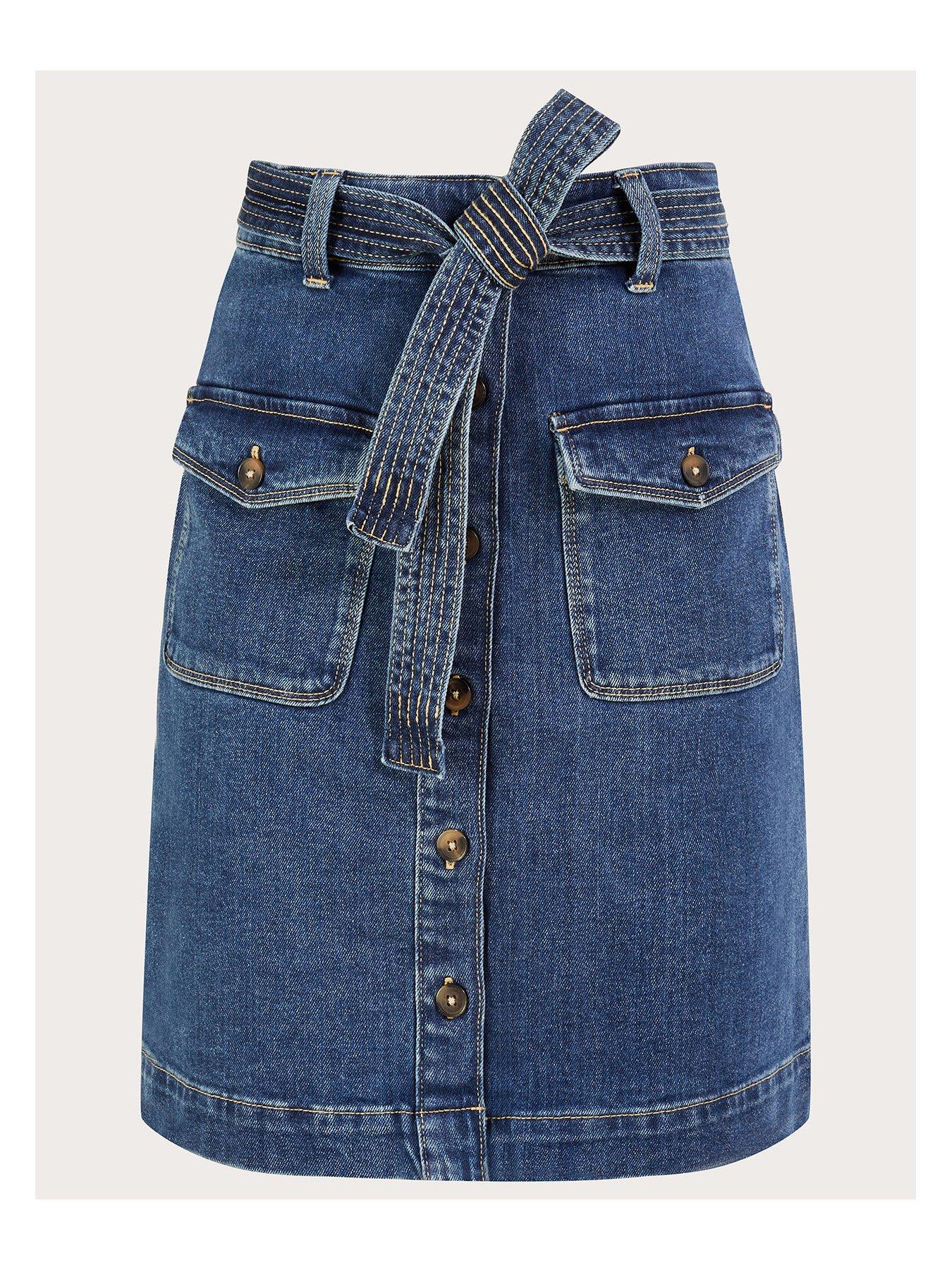  image of monsoon-denim-button-through-belted-skirt-indigo