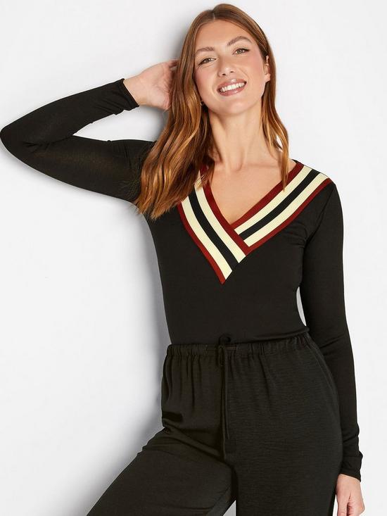 front image of long-tall-sally-v-neck-stripe-long-sleeve-top-black