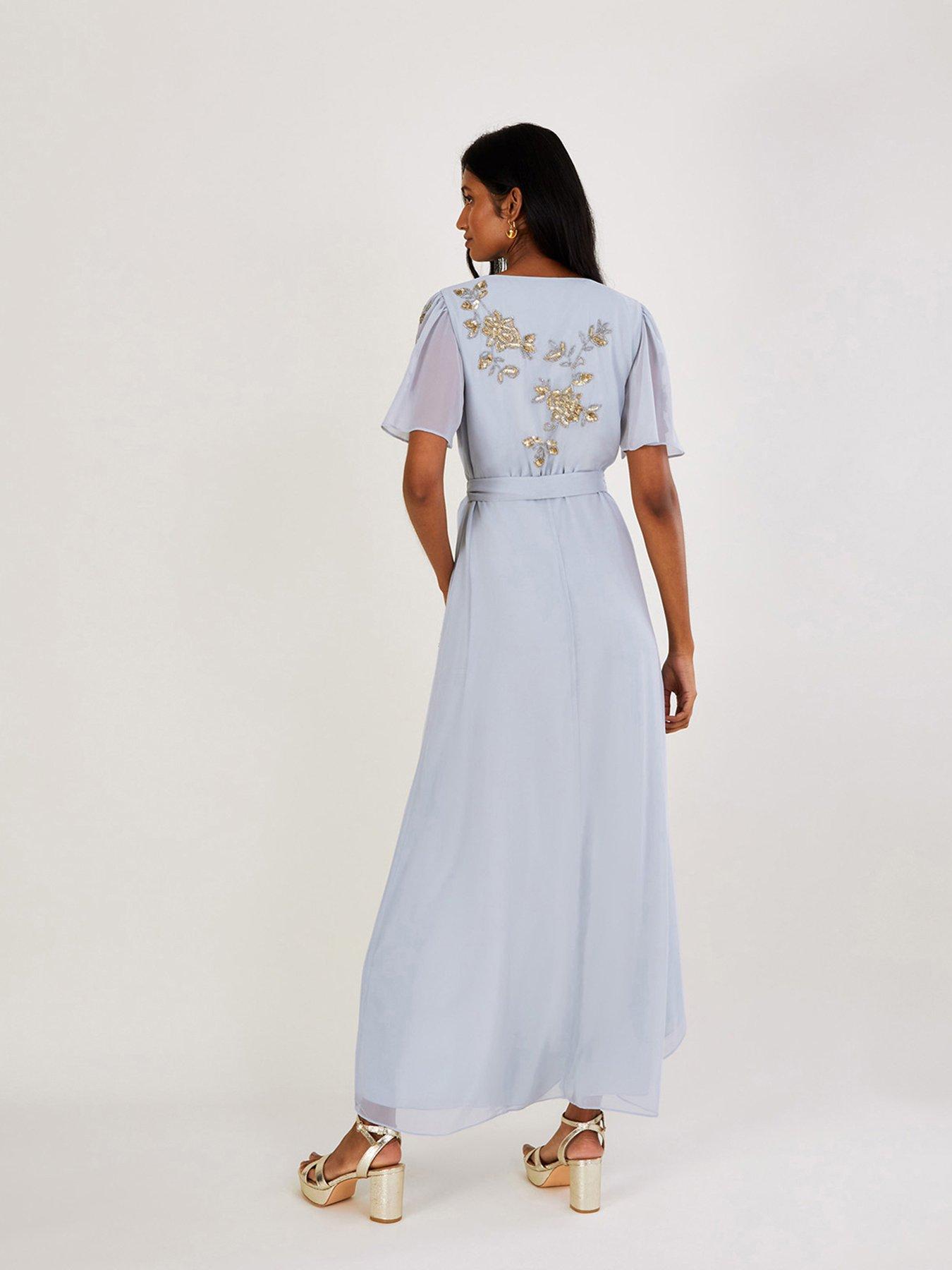 Monsoon Sarah Embellished Wrap Dress Pale Blue With Gold Detailing