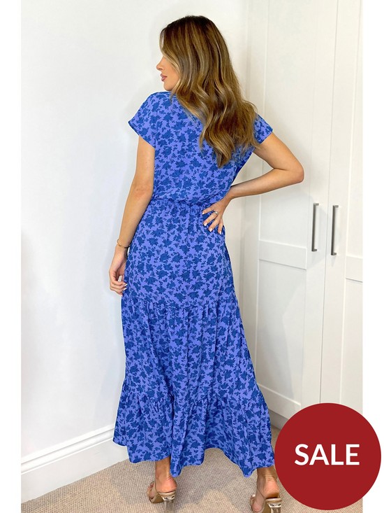stillFront image of ax-paris-short-sleeved-v-neck-midi-smock-dress-blue-floral-print
