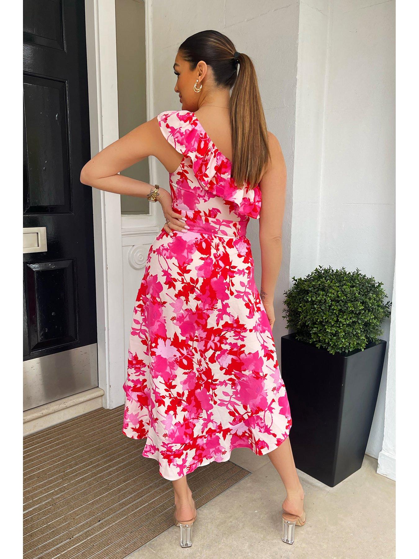 Quiz pink floral wrap dip best sale hem dress