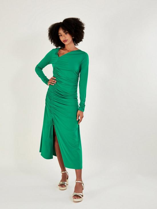 front image of monsoon-ruched-side-jersey-dress-green
