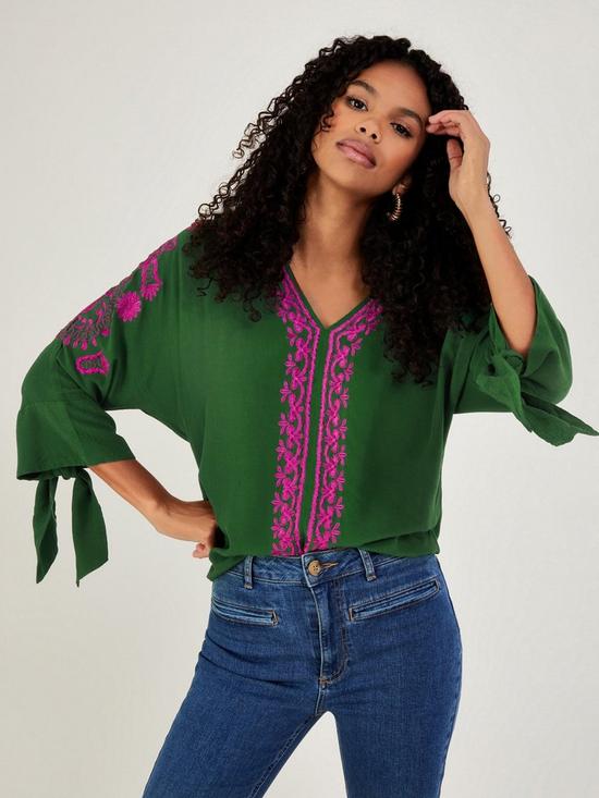 front image of monsoon-christina-sustainable-embroidered-top-green