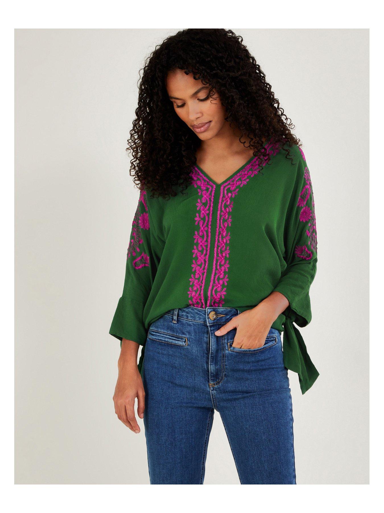  image of monsoon-christina-sustainable-embroidered-top-green