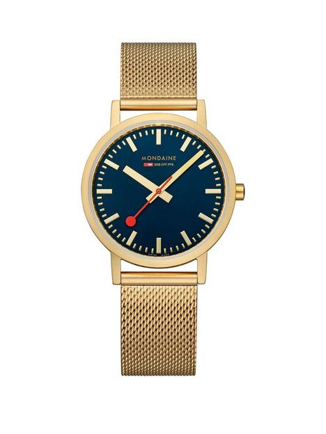 mondaine-classic-golden-36mm-case-deep-ocean-blue-watch-with-mesh-bracelet