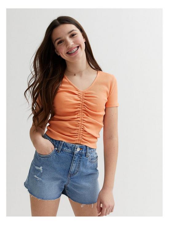 front image of new-look-915-girls-coral-v-neck-short-sleeve-ruched-front-crop-top