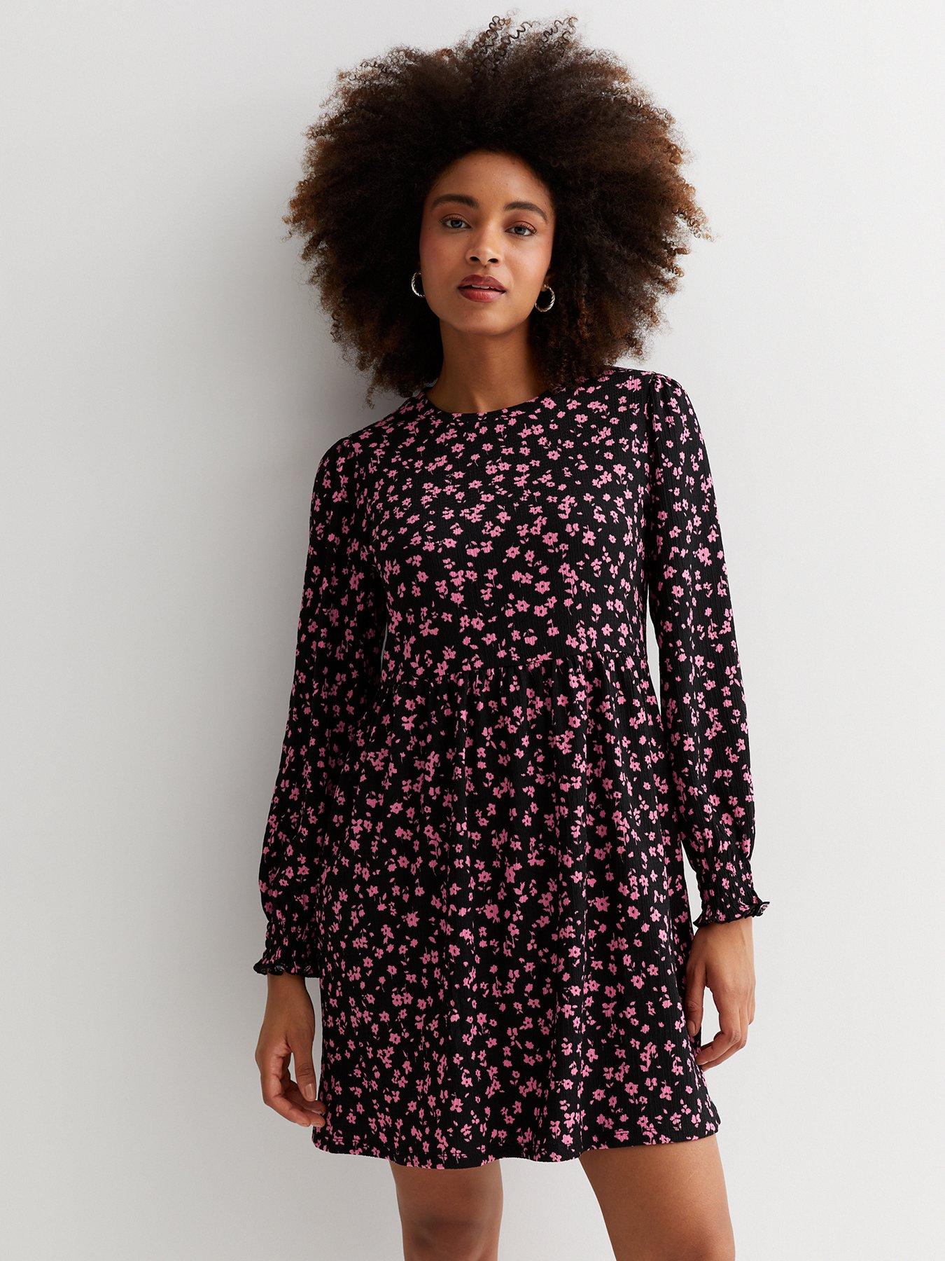  image of new-look-pink-ditsy-floral-jersey-mini-smock-dress