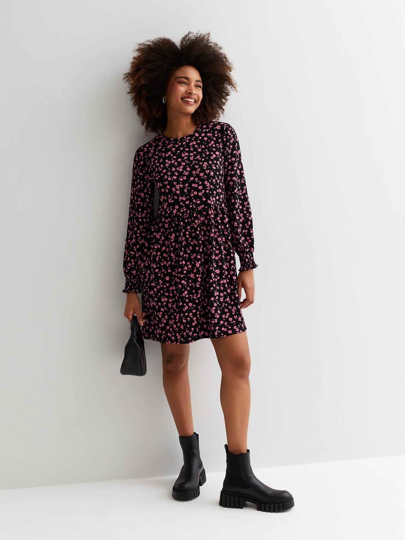  image of new-look-pink-ditsy-floral-jersey-mini-smock-dress