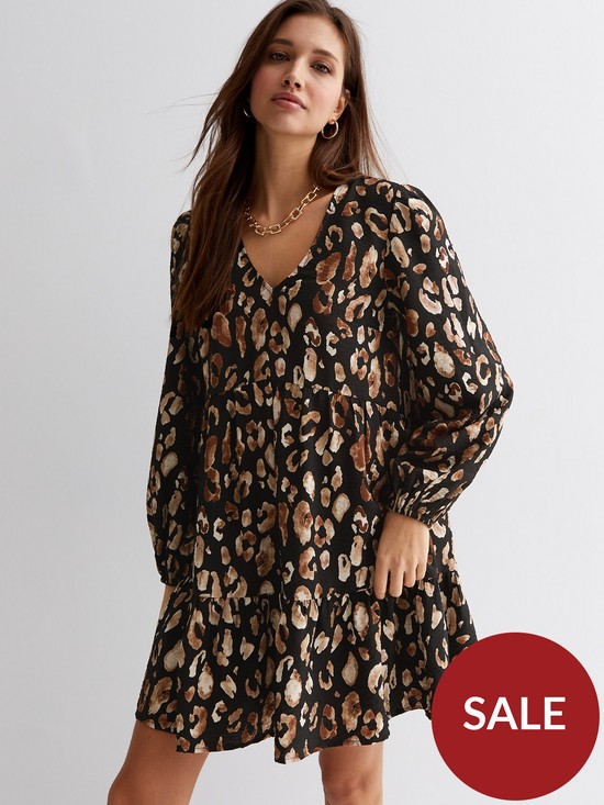front image of new-look-black-leopard-print-tiered-v-neck-mini-smock-dress